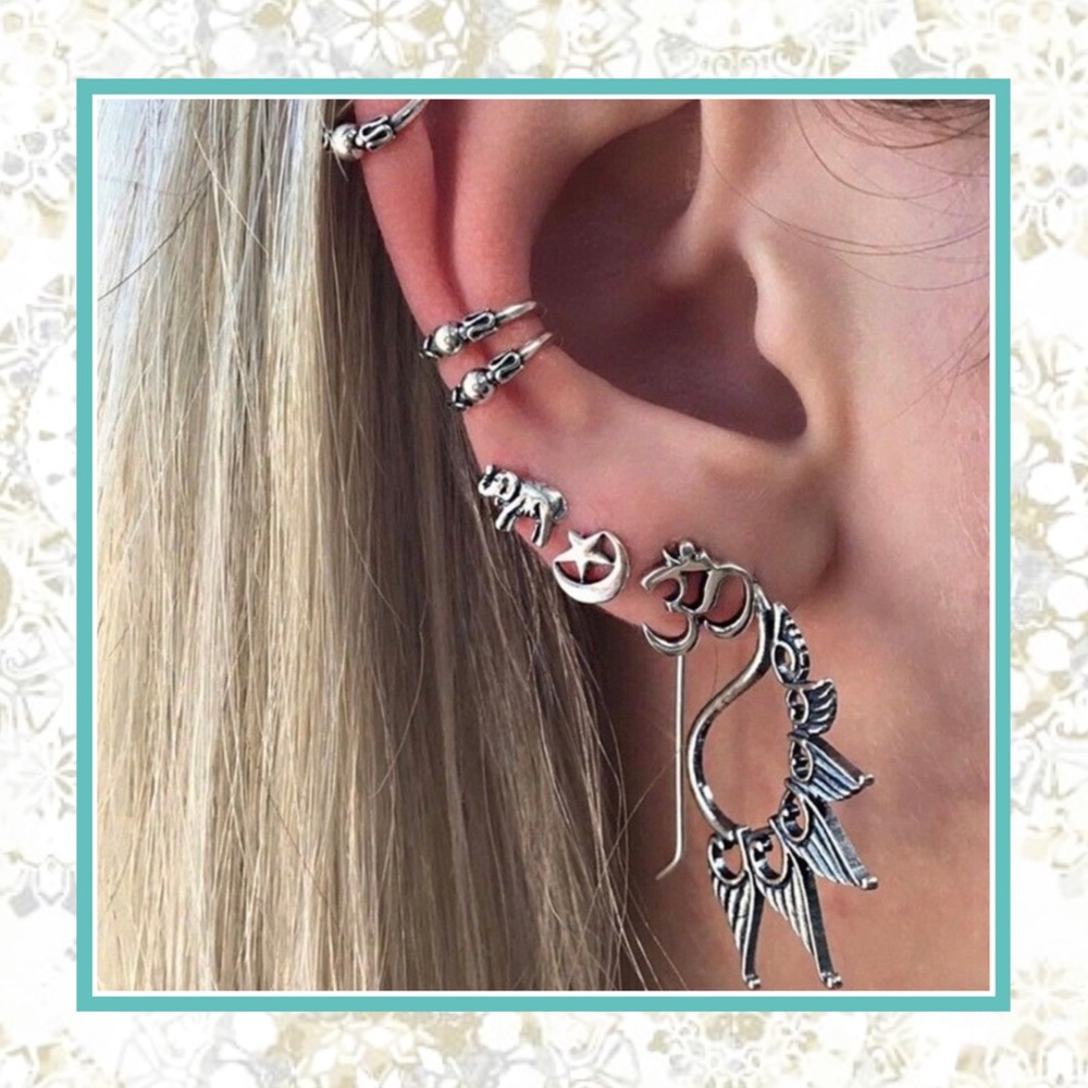 🍒 14PC CELTIC EARRINGS BOHEMIAN TRIBAL BOHO CHIC MOON BEAD SILVER HOOPS GYPSY